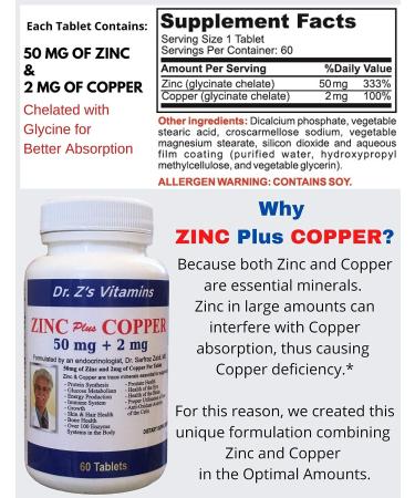 Dr. Z's Vitamins Zinc Plus Copper - 60 Easy-to-Swallow Tablets - Energy, Immune System, Skin & Hair Support - Buy Online on GoSupps.com
