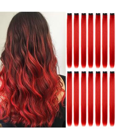 16Pcs Colored Clip in Hair Extensions 22 Inch Colorful Highlights Hairpieces Straight & Long Heat-Resistant Synthetic Hair Accessories for Kid Girls Women Party Hair Decor (16Pcs-Red)
