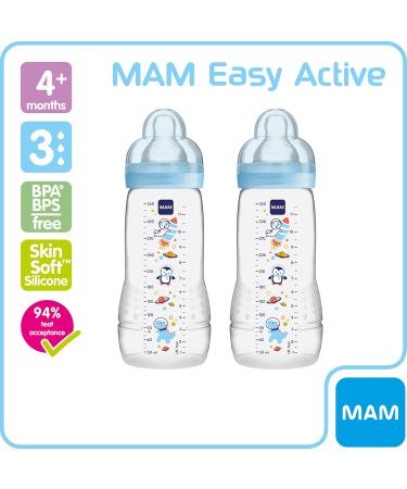 MAM Easy Active Baby Bottle Twin Pack - Fast Flow Size 3 Teats 330ML Blue - Ideal for Baby Feeding - Buy Online on GoSupps.com