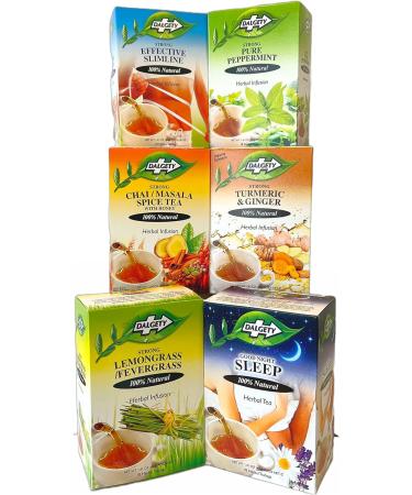 Dalgety Essential Wellness Herbal Infusion Tea Collection - 6 Flavours, 100% Natural & Caffeine Free (108 Teabags) - Slimline Peppermint, Lemongrass, Turmeric & Ginger, Chai Masala, Good Night Sleep - Buy Online on GoSupps.com