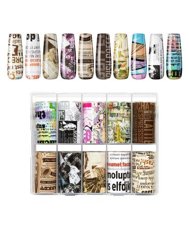 Makartt 10 Sheets Nail Foil Transfer Sticker Kit Newspaper Style Decorations Nail Print Self-Adhesive Transfer Foils Nail Art Nail Supplies 1 Box Magazine