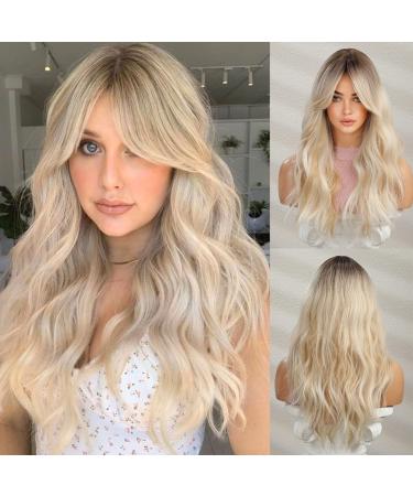 HAIRCUBE Long Wavy Wigs for Women Synthetic Hair Wig for Daily Mixed Blonde with Dark Roots