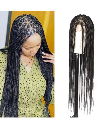 Lexqui 36'' Triangle Knotless Box Braided Wigs for Women Box Braided Full Lace Front Wig with Baby Hair Synthetic Natural Looking Cornrow Braids Wig Black