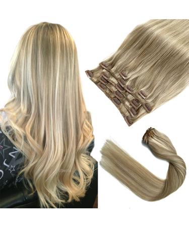 Clip in Hair Extensions Real Human Hair Clip in Extensions 22 Inch 7 Pieces Ash Blonde to Blonde Highlights Real Hair Extensions Clip ins Remy Human Hair Extensions Clip ins for Women 70G 22 Inch 18-613