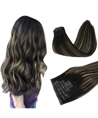 Doores Real Hair Extensions Seamless Balayage Natural Black to Hellblond 50cm 20 inch 7 Pieces 110g Remy Human Hair extension PU Clip In Extensions thick hair Seamless 50cm-11/16/1B Balayage Natural Black to light blonde seamless