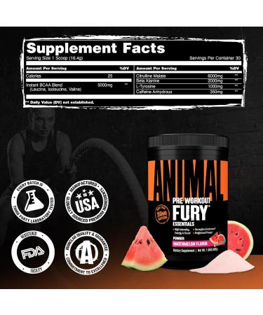 Animal Fury Pre Workout Powder Supplement for Energy and Focus 5g BCAA 350mg Caffeine Nitric Oxide Without Creatine Powerful Stimulant for Bodybuilders Watermelon Watermelon 30 Servings (Pack of 1) - Buy Online on GoSupps.com