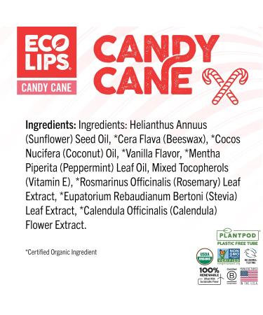 Eco Lips Organic Candy Cane Moisturizing Lip Balm - Organic Coconut Oil and Sunflower Wax - Soothe Moisturize Dry Cracked and Chapped Lips - 100% Plastic-Free Plant Pod Packaging - Made in USA - Buy Online on GoSupps.com