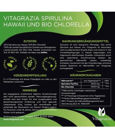 Buy VitAgrazia Hawaii Spirulina & Bio Chlorella Tablets - 450 Pure Organic Algae - Lab Tested in Germany - International Shipping Available - Buy Online on GoSupps.com