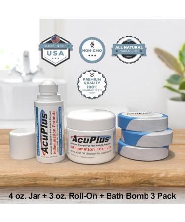 AcuPlus Pain Relief Cream Roll-On & Bath Bombs - Advanced Anti-Inflammatory for Sore Muscles Joints Arthritis Bursitis & Tendonitis - 4 oz Jar & 3 Pk Bath Bombs - Buy Online on GoSupps.com