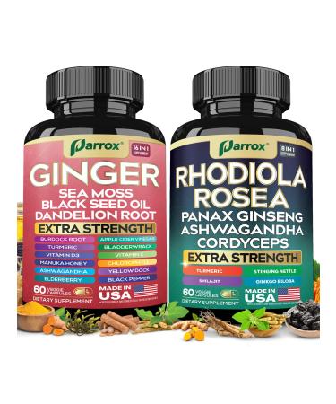 Dynamic Duo Herbal Bundle Ginger Rhodiola Rosea Sea Moss Ashwagandha Black Seed Oil Panax Ginseng Turmeric Dandelion Cordyceps Ginkgo Biloba ACV Elderberry Manuka Honey 60 Count (Pack of 2)