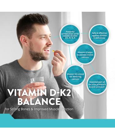 TRUE PROTOCOLS - Vitamin D-K2 Balance - Vitamin D3 (1000 IU) + Vitamin K2 MK7 (120 mcg) + Vitamin A (500 IU) - 120 Bioavailable Softgels For Strong Bones & Improved Muscle Function - 100% Non-GMO D3 K2 A Supplement 120 count (Pack of 1) 120.0 - Buy Online on GoSupps.com