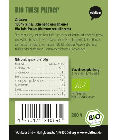 Wohltuer Organic Tulsi Powder 200g - Premium Indian Basil (Ocimum tenuiflorum) | DE- KO-006 - Buy Online! - Buy Online on GoSupps.com