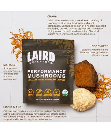 Organic Performance Mushroom Blend | Laird Superfood - Energy & Cognition | Chaga, Cordyceps, Lion's Mane, Maitake - 3.17 oz - Buy Online on GoSupps.com