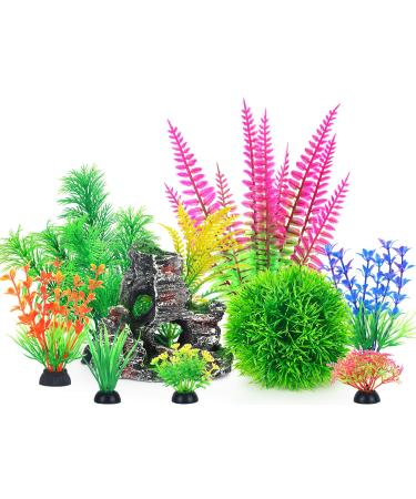 Borlech Aquarium Rock Decorations and Fish Tank Plastic Plants Decor Set 9 Pieces Green Rock Plants