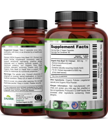 Zazzee USDA Organic Holy Basil 10:1 Extract 6000 mg Strength 120 Vegan Capsules Concentrated and Standardized 10X Tulsi Extract Ursolic Acid 100% Certified Organic Non-GMO - Buy Online on GoSupps.com