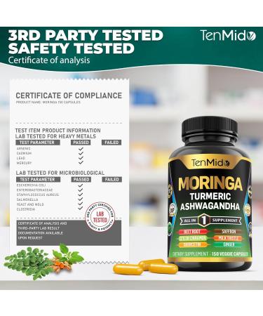 Tenmido Moringa Oleifera Supplement for Men and Women 10in1 Formula with Turmeric Ashwagandha Ceylon Cinnamon Beet Root Saffron & More - Energy Immune Support - Nutrient Rich - 150 Capsules - Buy Online on GoSupps.com