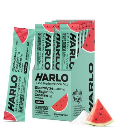 Harlo Electrolytes Powder Stick Packs 3-in-1 High Sodium Hydration for Intense Training | with Creatine & Collagen | Zero Sugar | Salty by Design | Watermelon Salt (15 Stick Packs)
