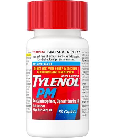 Tylenol PM Extra Strength Caplets - 500mg Acetaminophen & 25mg Diphenhydramine for Nighttime Pain Relief - Non-Habit Forming - 50 ct - Buy Online on GoSupps.com