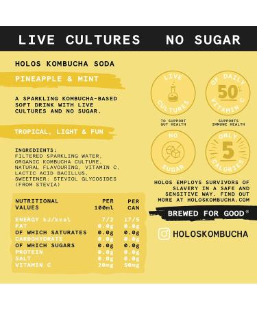 HOLOS Kombucha Soda - Pineapple & Mint 250ml x 12 Cans | No Sugar, Live Cultures, Vegan, Gluten-Free - Buy Online on GoSupps.com