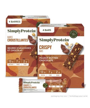 Simply Protein - Peanut Butter Chocolate Crispy Bars - Plant Based Protein Bars - Low Carb Low Sugar High Fibre - 13g Protein 2g Sugar 7g Fibre - Vegan Gluten Free Non GMO Kosher - 4 Bars Peanut Butter Chocolate 4 Count (Pack of 1)