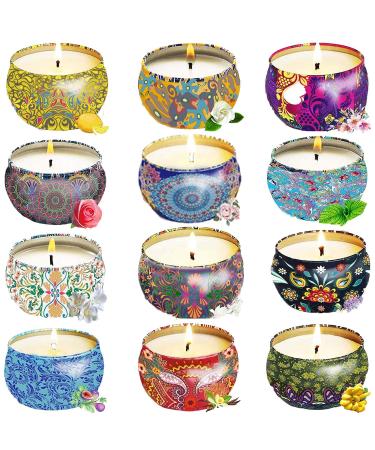 Relax Deep Sleep Scented Candles Lemon Fig Lavender Spring Fresh Rose Jasmine Vanilla Bergamot Strawberry Peppermint Rosemary Gardenia Natural Soy Wax Portable Travel Tin Fragrance -12 Pack #9 scented Candles Gift Set 12 Pack