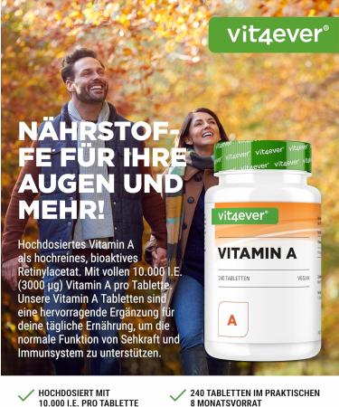 Vitamin A 10 000 I.E. (3000 g) - 240 Vegan Tablets | High-Dose Retinyl Acetate | Pure & Lab-Tested | No Additives - Buy Online on GoSupps.com
