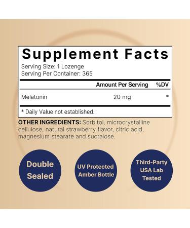 NatureBell Melatonin 20mg 365 Fast Dissolve Tablets - Natural Strawberry Flavor - Vegetarian Chewable Lozenges for 1 Year Supply High Potency | Non-GMO No Gluten - Buy Online on GoSupps.com