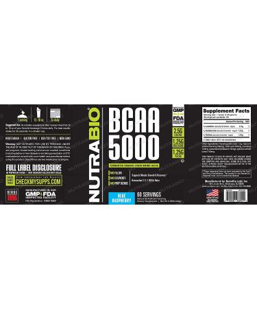 NutraBio BCAA 5000 Powder - Vegan Fermented BCAAs for Lean Muscle Growth & Recovery - Blue Raspberry Flavor, Zero Fat, Sugar, Carbs - 60 Servings - Buy Online on GoSupps.com