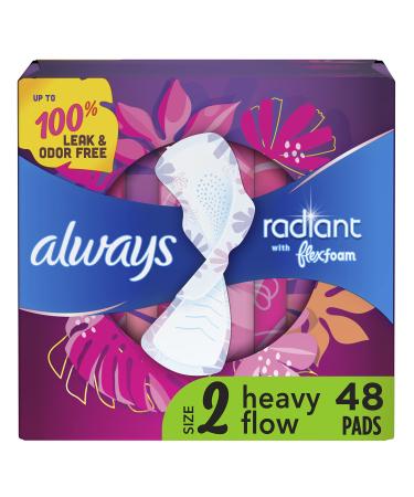 Always Radiant Feminine Pads for Women Size 2 Heavy with Wings Scented 48 CT Size 2 48 Count