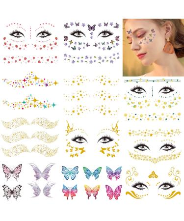 Tazimi 16 Sheets Glitter Face Temporary Tattoo For Women Girls Butterfly Daisy Totem Snowflake Metallic Freckle Face Tattoo Halloween Makeup Dancer Costume Parties Carnival Party Facial Tattoo Decoration