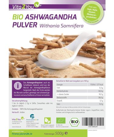 Vita2You Organic Ashwagandha Powder 500g | 100% Pure Indian Ginseng | Premium Quality | Bottled in Germany - Buy Internationally - Buy Online on GoSupps.com