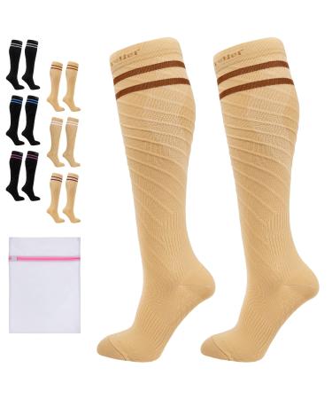 360 RELIEF - Flight Compression Socks Supports | Blood Circulation Travel Work L-XL 2Pairs-Beige with 2 Dark brown lines
