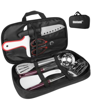 Odoland 8 Pcs Camping Cookware Utensils Travel Set Camp Kitchen Utensil Organizer with Tongs Scissors Cutting Board Rice Paddle and Water Resistant Case for Backpacking Outdoor Camping