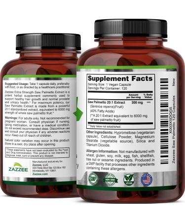 Zazzee Extra Strength Saw Palmetto 20:1 Extract 6000 mg Strength 40% Fatty Acids 120 Vegan Capsules 4 Month Supply Concentrated and Standardized 20X Extract Non-GMO All-Natural Made in the USA - Buy Online on GoSupps.com