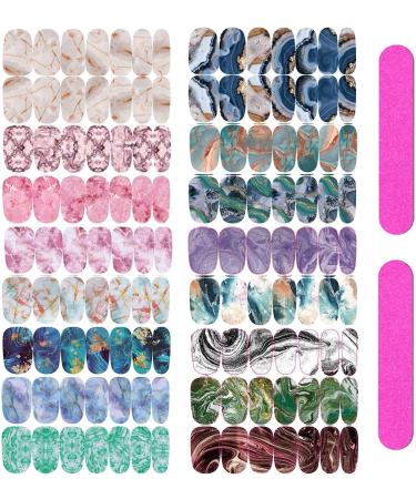 PULABO16 Sheets Marble Full Cover Nail Wraps Strips 224 Pieces Marble Printed Nail Art Polish Stickers Self-Adhesive Nail Manicure Decal With 4 Pieces Nail Files For Women Girls Nail Art Diy Attractive and Fashion