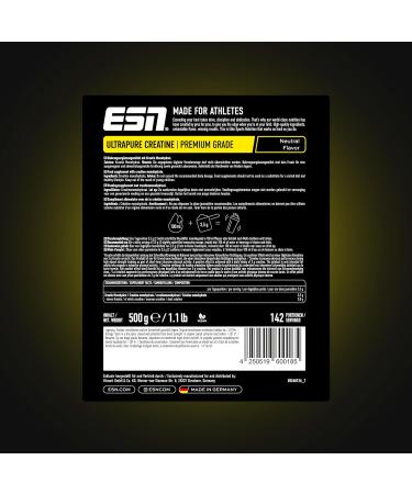 ESN Ultrapure Creatine Monohydrate 500 g / 1.1 lbs Creatine Powder 142 Servings - Vegan - Muscle Building and Recovery Supplement Made in Germany Laboratory Tested 142 Servings (Pack of 1) - Buy Online on GoSupps.com