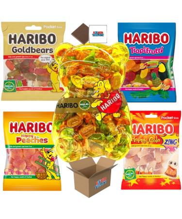 HALAL Sweets Bundle Peaches + Tropifrutti + Gold Bears + Happy Cola Zing 100g Each + Haribo Halal Soft Jelly Bear 1Kg Boxed Treatz
