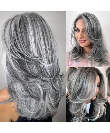 LEOSA Grey Layered Wig Silver Wavy Wig Natural Wave Hair Wig 16Inch Wig Long Natural Looking Wig for Women Hair Replacement Wigs Soft Heat Resistant Fiber Synthetic Hair Wig (16Inch  Black Mix Grey) 16 Inch Black Mix Gr...