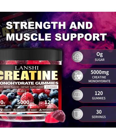 Creatine Monohydrate Gummies 5000mg - Sugar Free Pre Workout Supplement for Men & Women Creatine Gummies for Muscle Strength Recovery Cognitive Health & Memory Mixed Berry Flavor 120 Count - Buy Online on GoSupps.com