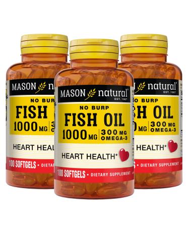 Mason Natural No Burp Fish Oil 1000 mg Omega 3 300 mg Supports Normal Heart Health 100 Softgels (Pack of 3)