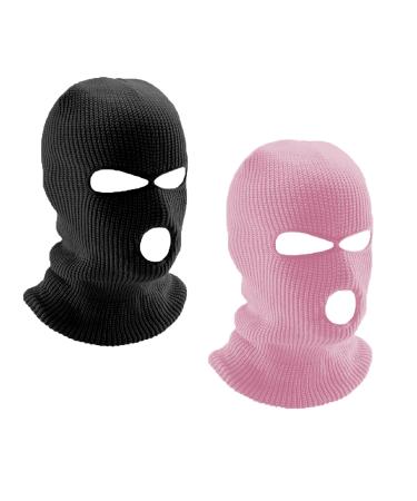 LINSOCLE 2PCS Balaclava - 3 -hole storm mask knitted storm hood multifunctional mask ski cap for motorcycle and bicycle unit size black + pink