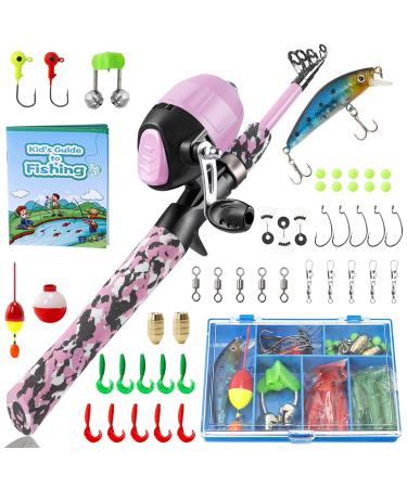 PLUSINNO Kids Fishing Pole,Telescopic Fishing Rod and Reel Combos with Spincast Fishing Reel and String with Fishing Line Pink Handle without Bag 150CM 59.05IN