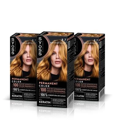 Syoss SYOSS Permanent Color 8-7 Golden Blonde Caramel Hair Colour and Keratin Mask for Professional Coverage of Grey Hair Lasting Colour and Intensive Care Pack of 3