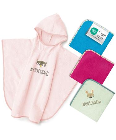 My Stitchery Badeponcho children with names embroidered Oeko -Tex Standard 100 - Personalized hooded towel made of pure cotton with embroidered name and motif (pink)