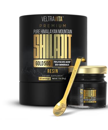VELTRAVITA 100% Pure Himalayan Shilajit Resin Gold 500 Organic | High Potency 75%+ Fulvic Acid Humic Acid & 85+ Trace Minerals | Natural Energy & Immune Support for Men & Women | Lab Tested