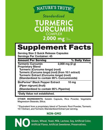 Nature's Truth Turmeric Curcumin 2000mg | 95% Standardized Curcuminoids | With Bioperine | Non-GMO & Gluten-Free | 90 Capsules - Buy Online on GoSupps.com