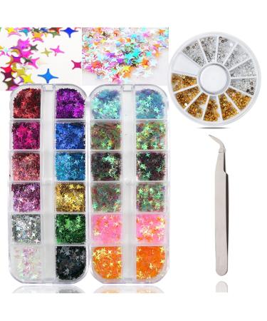 Holographic Cross Star Nail Art Glitter Iridescent Resin Crafts Nail Accessories Nails Rhinestone with Tweezers for Women Eye  Face  Body DIY Manicure Decoration(Four-Pointed Star)