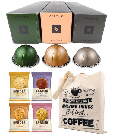 Nespresso Vertuo Coffee Capsules - Stormio Fortado Melozio - 3 Boxes (30 Pods) Bundled with Border Biscuits & Giftable Tote Bag
