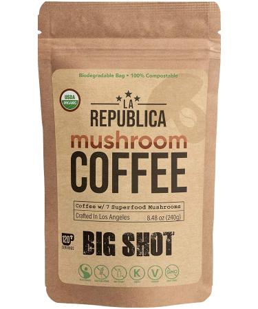La Republica Big Shot Organic Mushroom Coffee (120 Servings) w/ 7 Superfood Mushrooms, Great Tasting Instant Mushroom Powder Has Lion's Mane, Reishi, Chaga, Cordyceps, Shiitake, Maitake, Turkey Tail Caffeinated 8.48 Ounce (Pack of 1)
