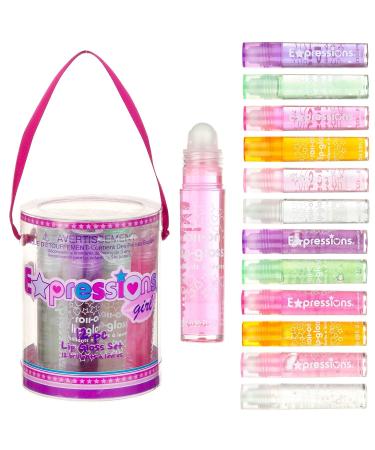 Expressions 12pc Glitter Roll On Lip Gloss Set for Kids and Teens - Assorted Fruit Flavored Glossy Lip Moisturizer with Hydrating Lip Oil - Non Toxic Makeup in Pouch with Marabou Handle - Buy Online on GoSupps.com